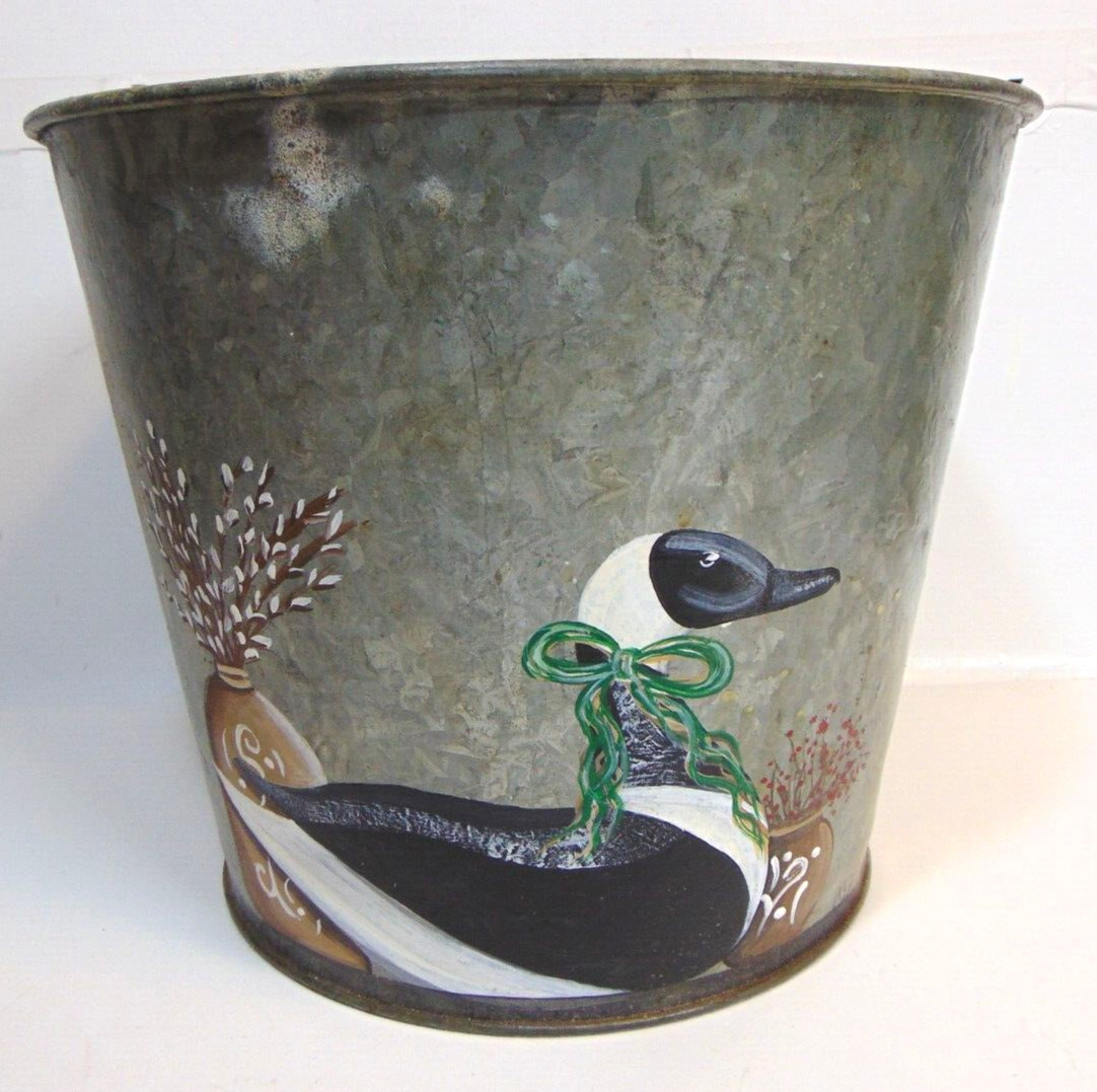 Eider Duck Waste Basket Water Bucket Pail Antique Galvanized Feed Hand Painted