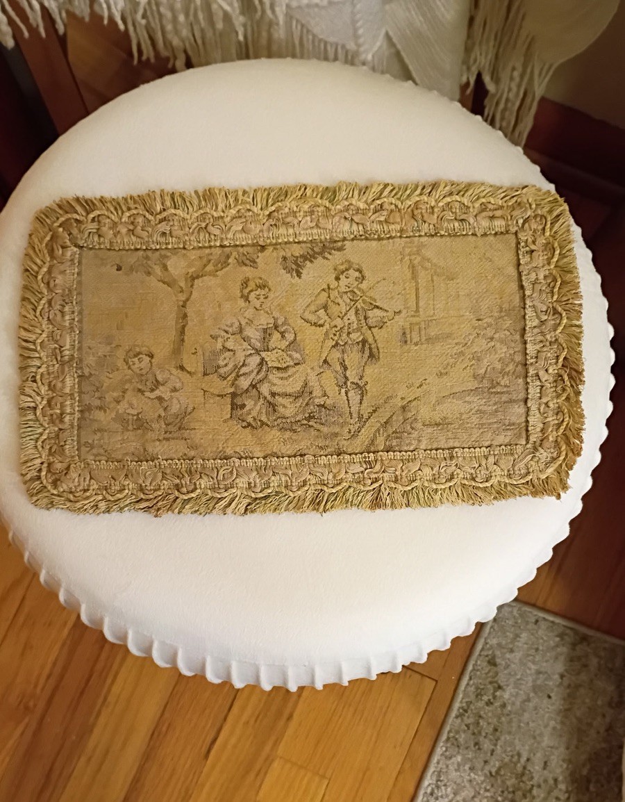 Antiq 19th Century French Tapestry Romantic Pastoral Scene Wall Decor 11”X6.75”