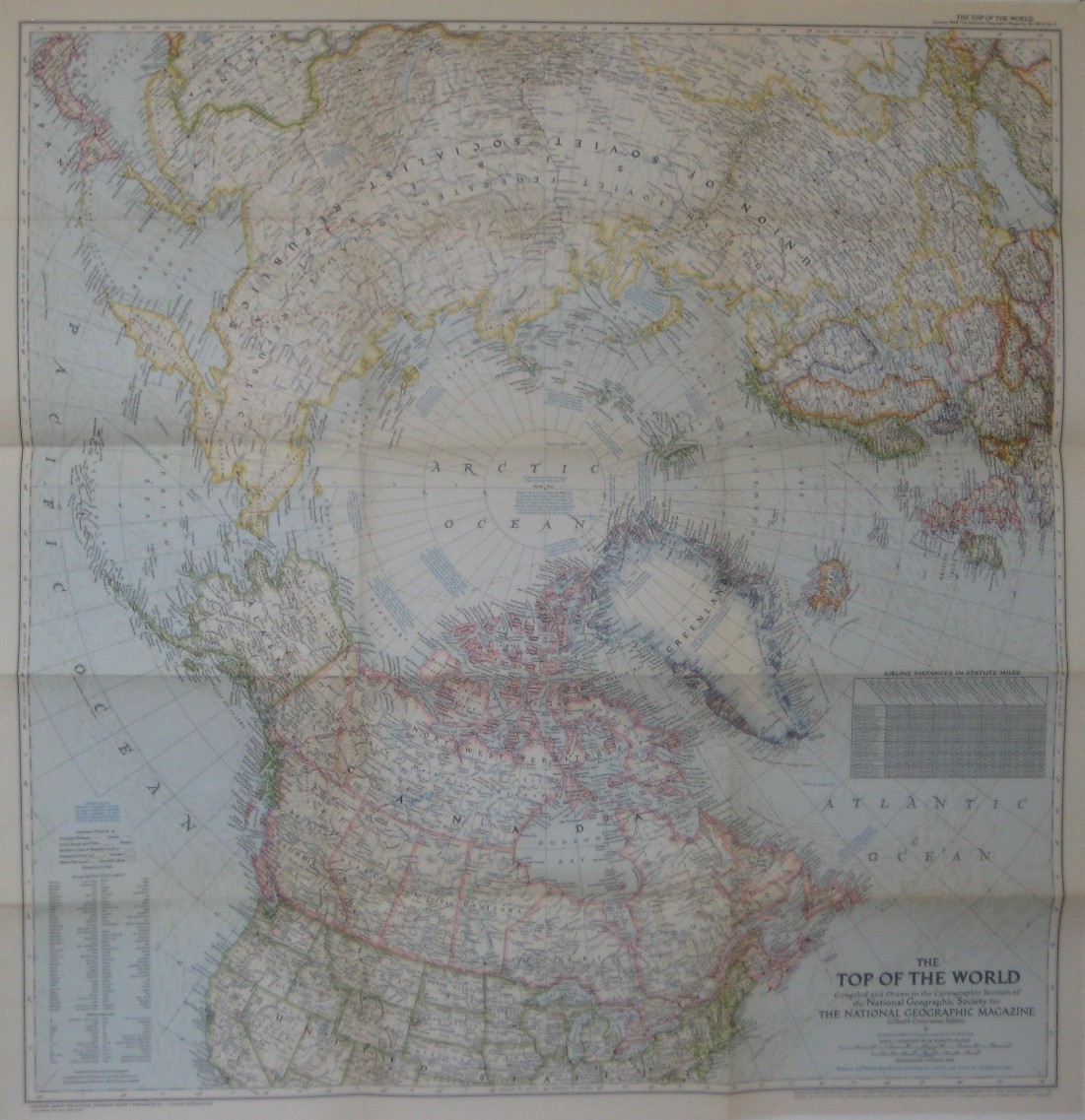 1949 Map TOP OF THE WORLD North Pole Arctic Circle Greenland Novaya Zemlya Peary