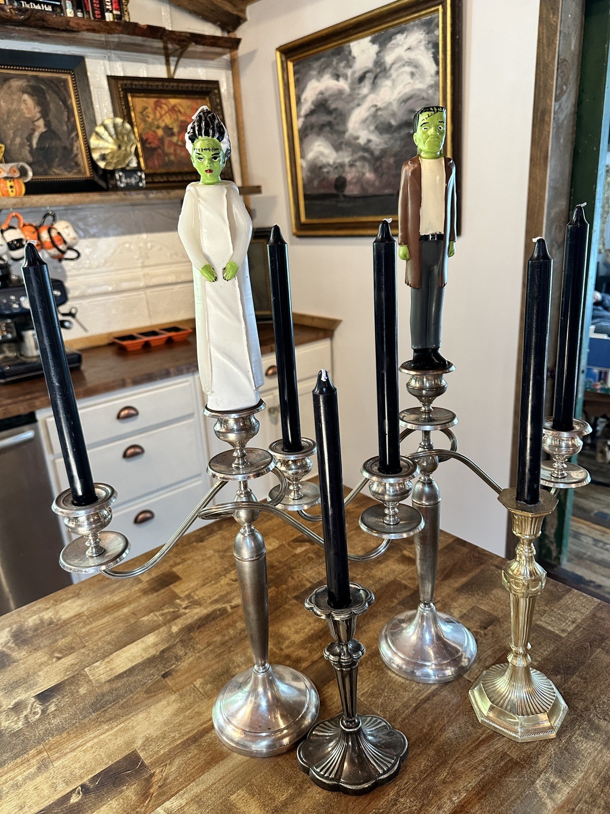Set Lot Frankenstein Bride Twisted Arm 3 Light Candelabra Candlesticks Pair Xtra