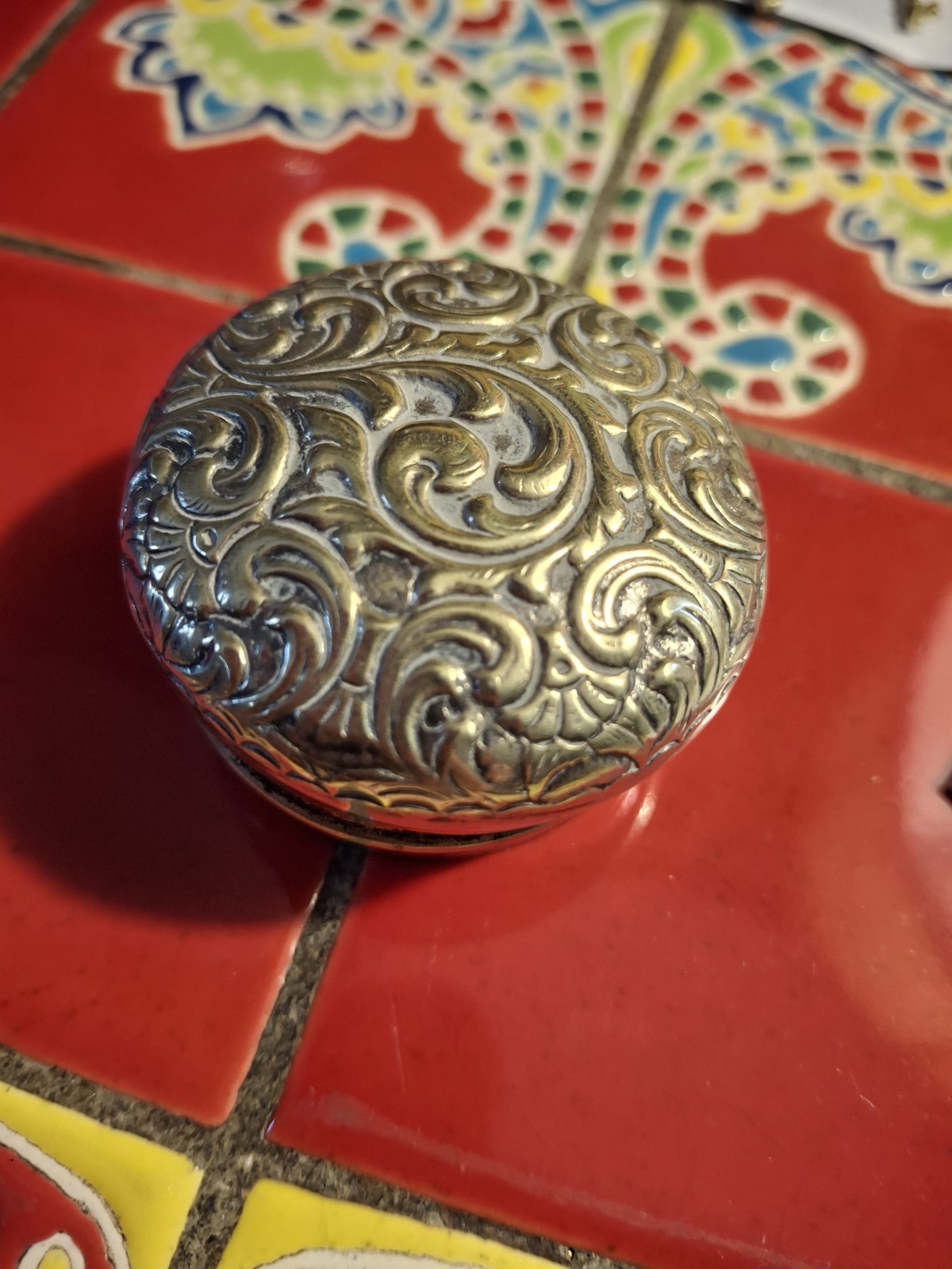 Antique Art Nouveau Hinged Silverplate Repousse Jar Lid Small 1 1/2″ Interior