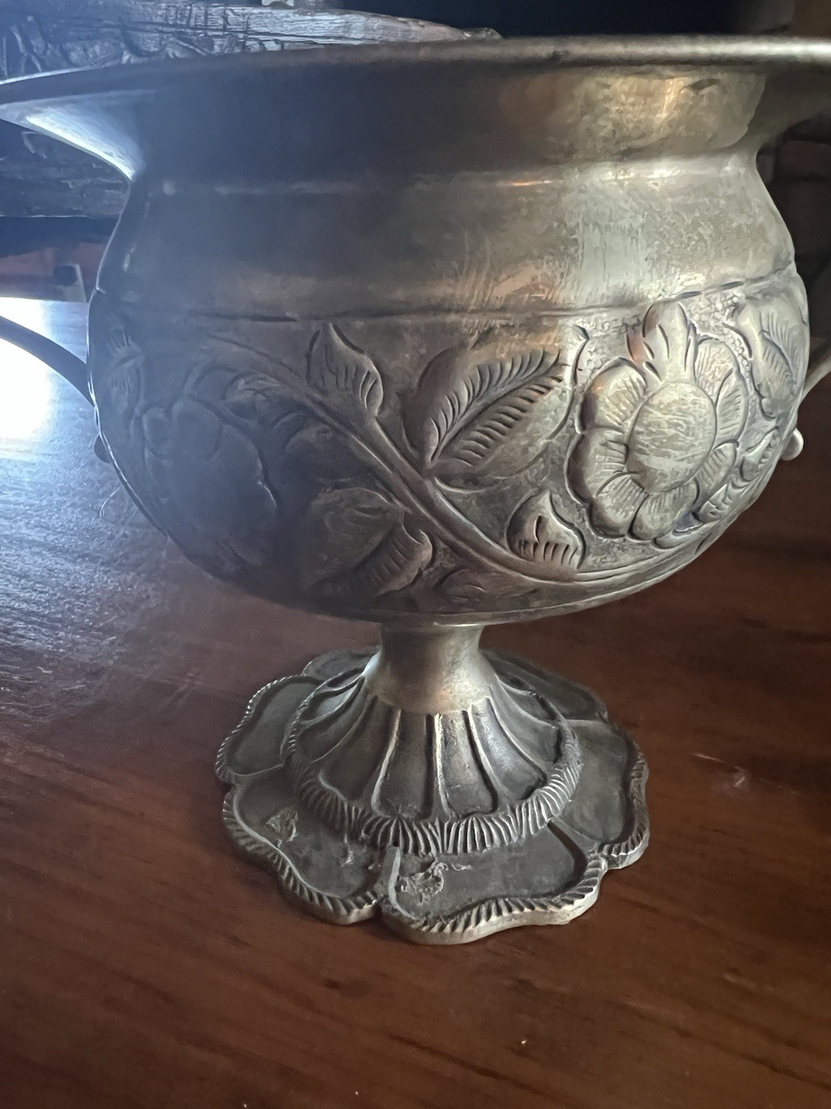 Victorian Silvertone Repousse Footed Pedestal Bowl with Ornate Handles