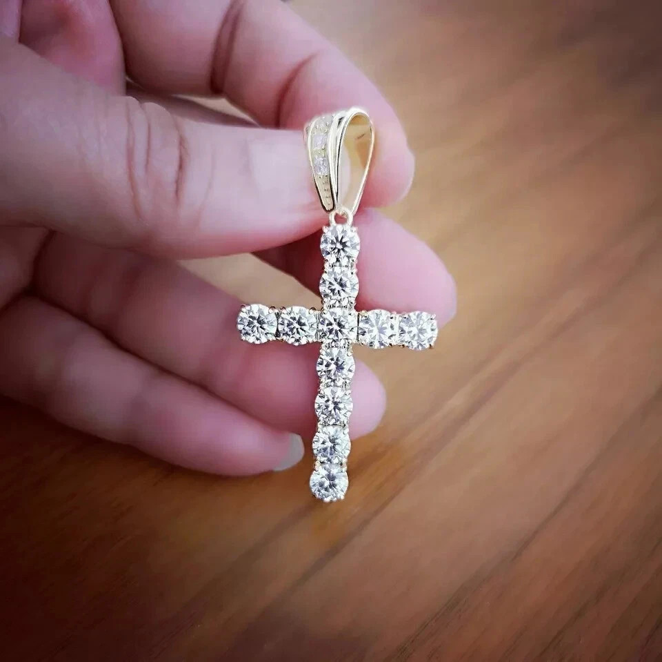3.00Ct Round Cut Lab-Created Diamond Cross Pendant 14K Yellow Gold Finish