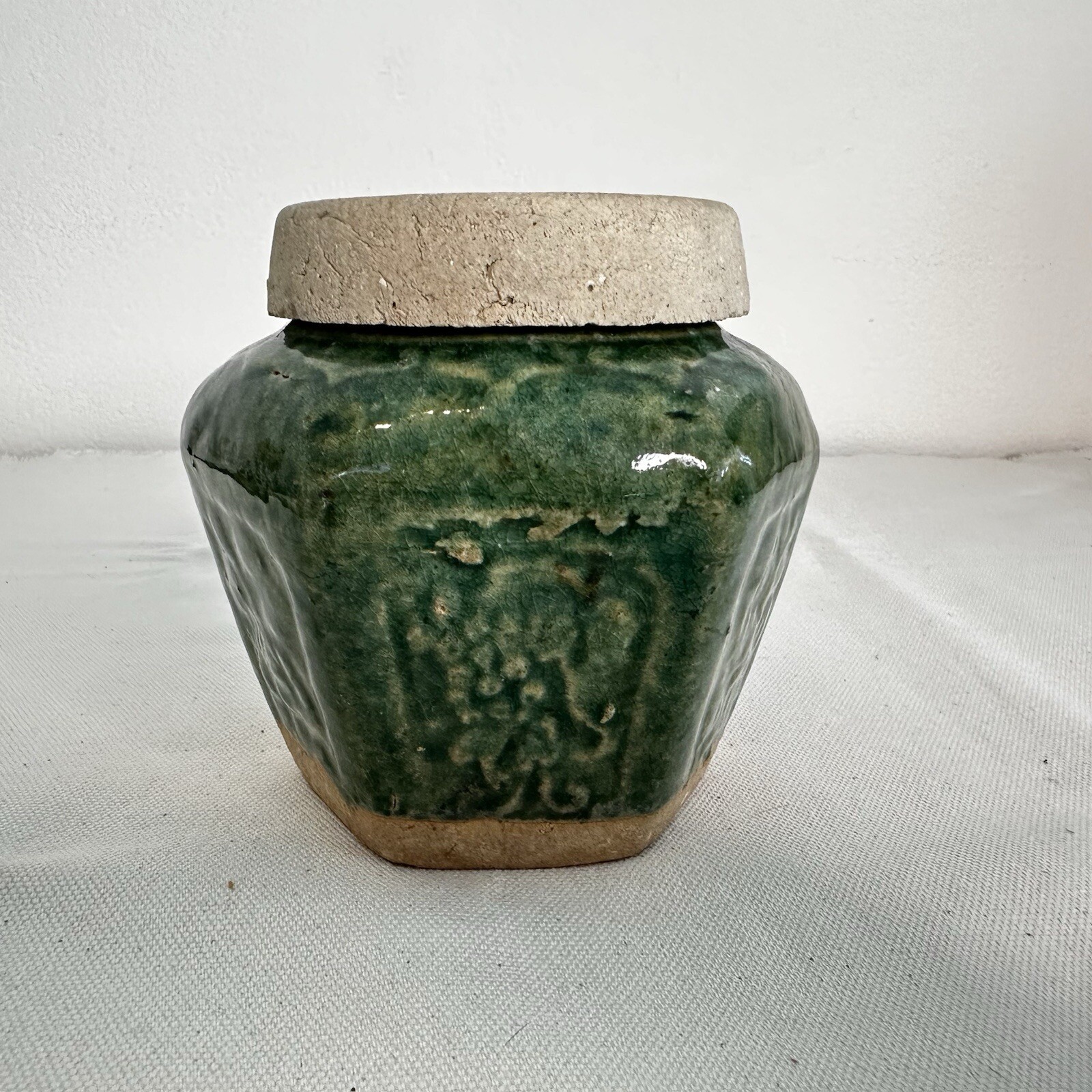 Shiwan Era Chinese Ginger Jar Pot w Lid Jade Green Glazed Earthenware Rare 1800s