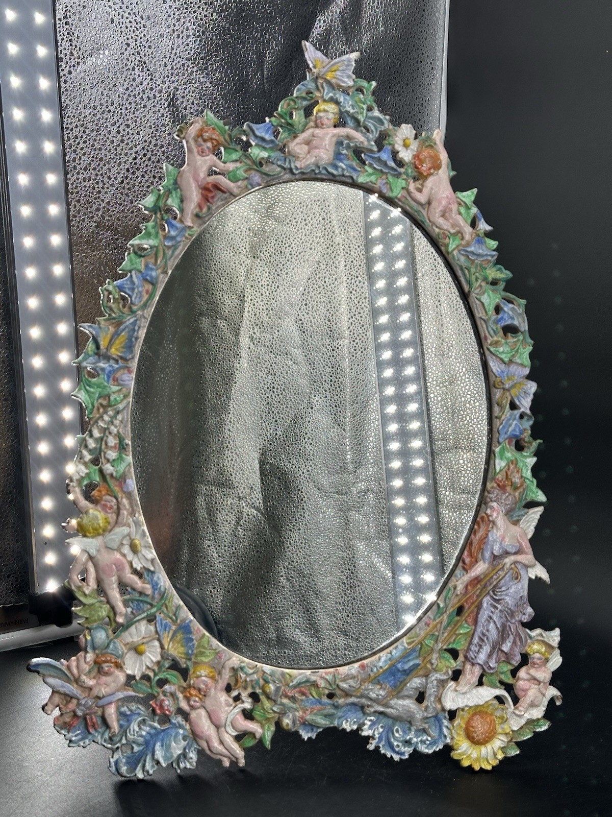 Antique Cherub Mirror Hand Painted Art Nouveau Cast Metal Vanity Mirror 13 x 17