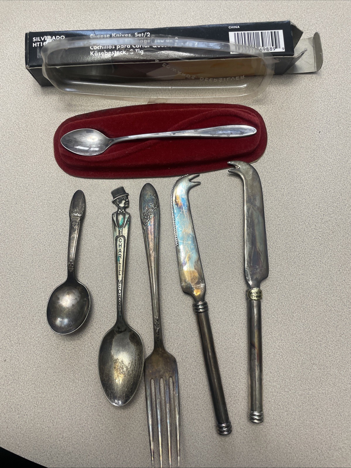Lot 5 Silver Plate Spoon Fork Cheese Knives Deep Silver Spoon & Charlie McCarthy