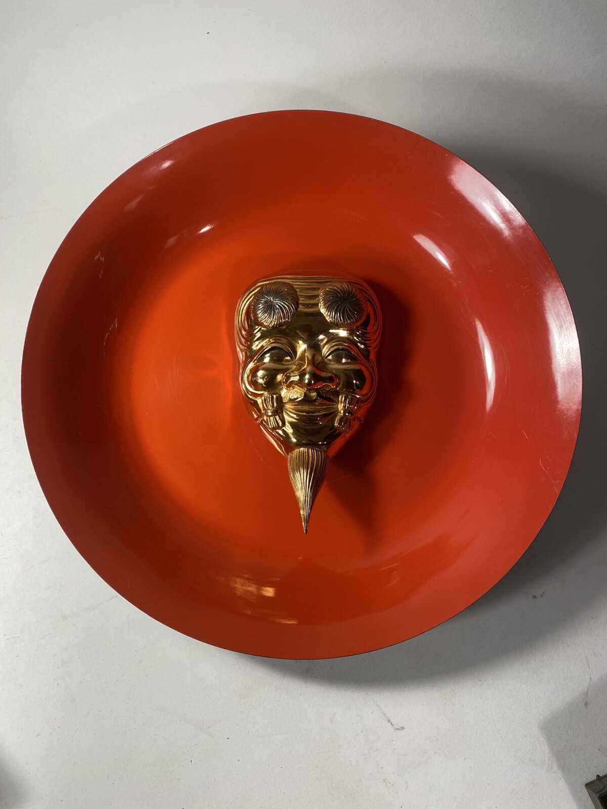 MCM Nippon Gold Tone Cast Noh Tengu Mask Mounted In Orange Enameled Bowl Frame