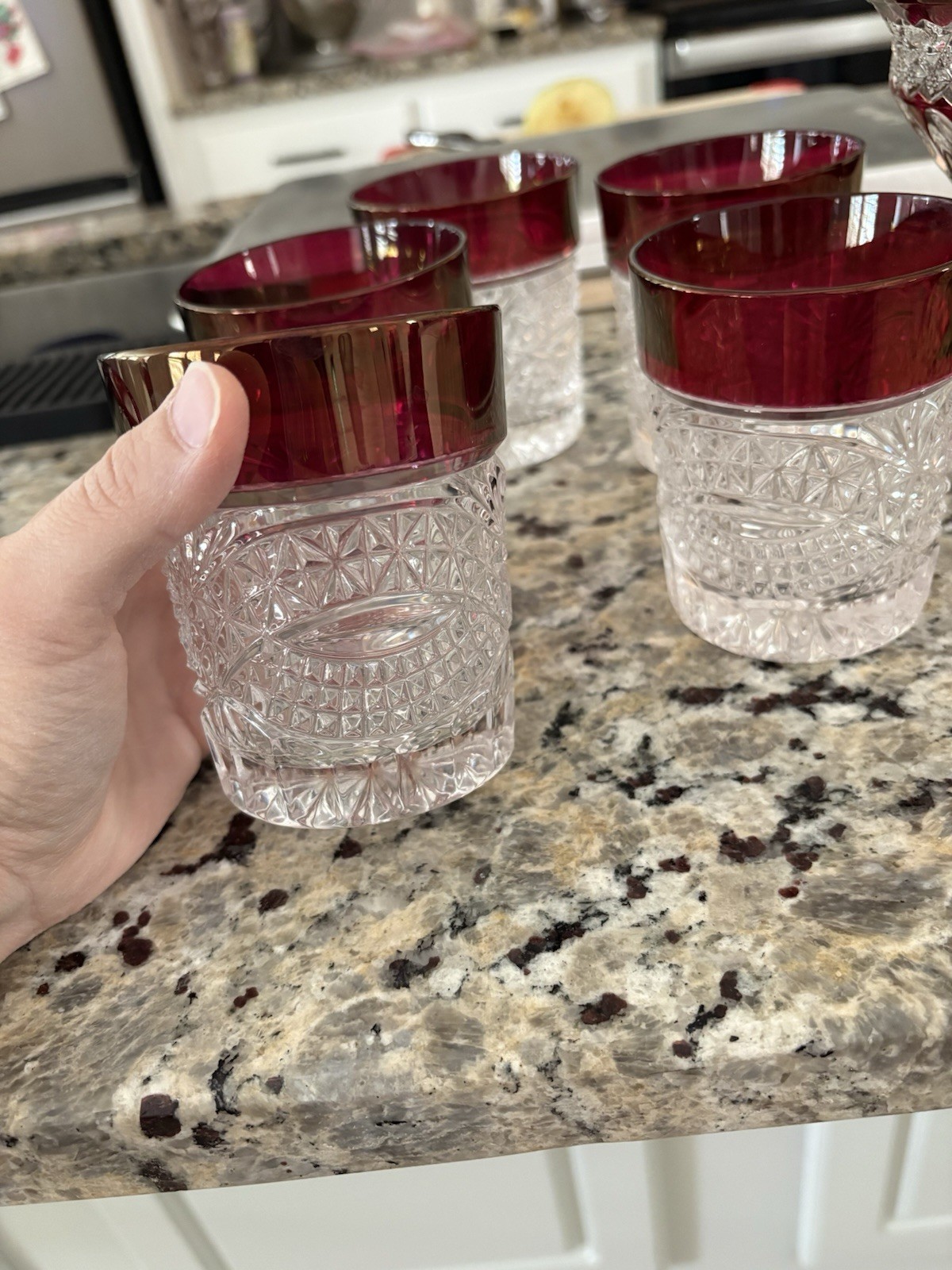 Ruby Red Cranberry glasses, mug, and footed bowl