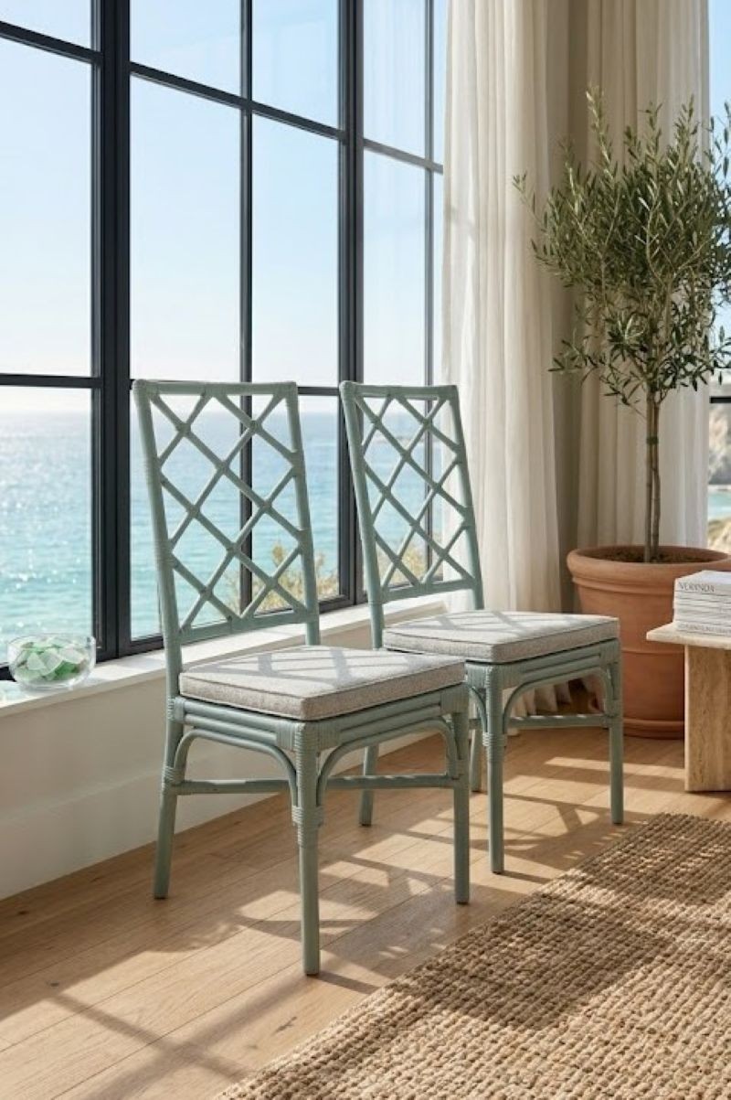 Pair Hollywood Regency Lattice Back Rattan Dining Chairs Seafoam Green Lacquer