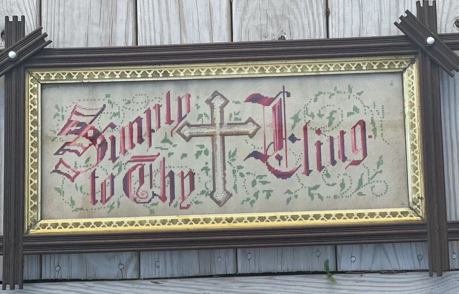 Antique Victorian Punch Paper Embroidery Simply To Thy King Framed Needlepoint