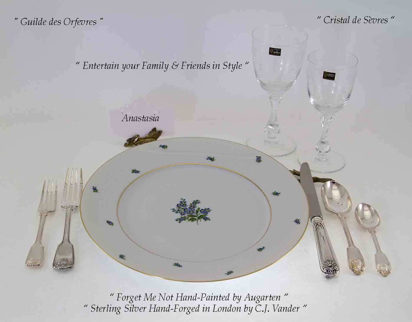 Sterling Silver Flatware 5-pc Place-Setting,Fiddle Thread Husk-Hand-Forged