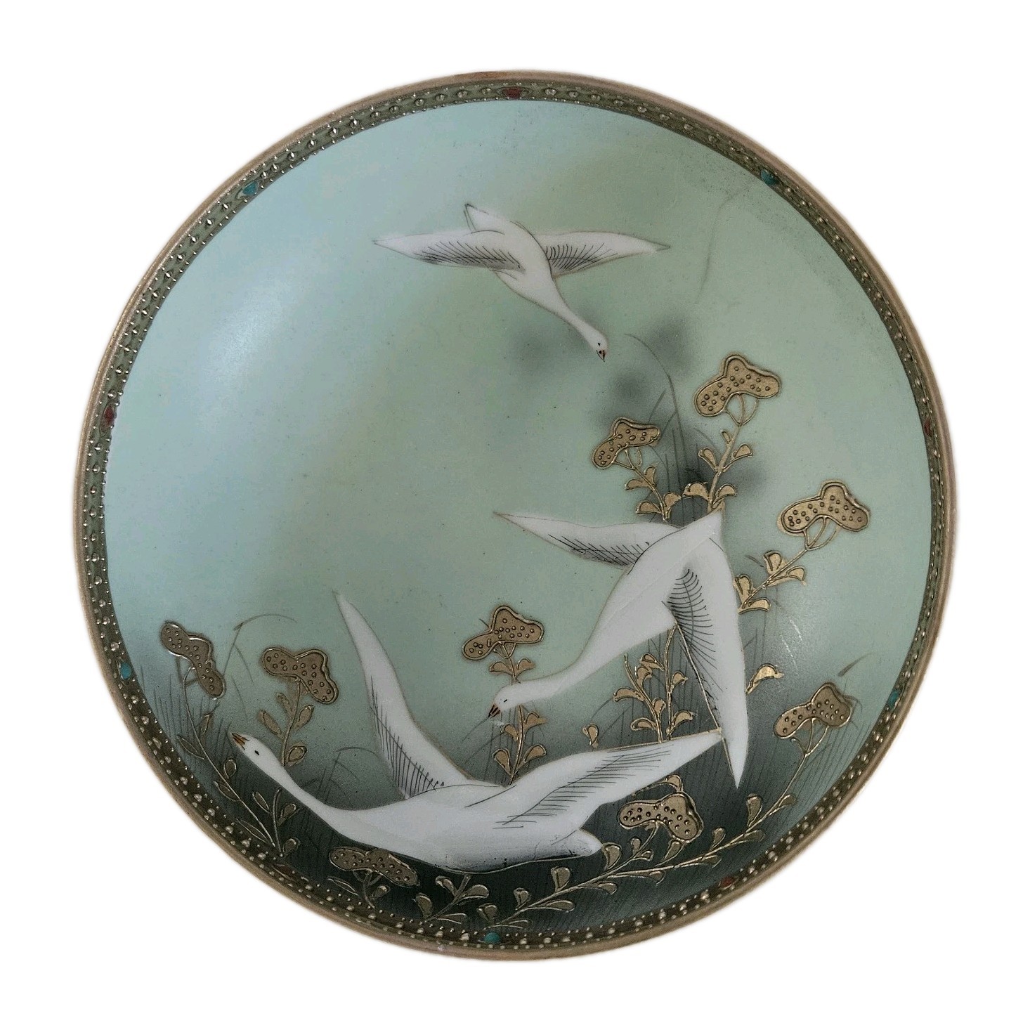 Antique Nippon Porcelain Bowl w/Feet Flying Swans Moriage Gilt Beads 1900’s 6″