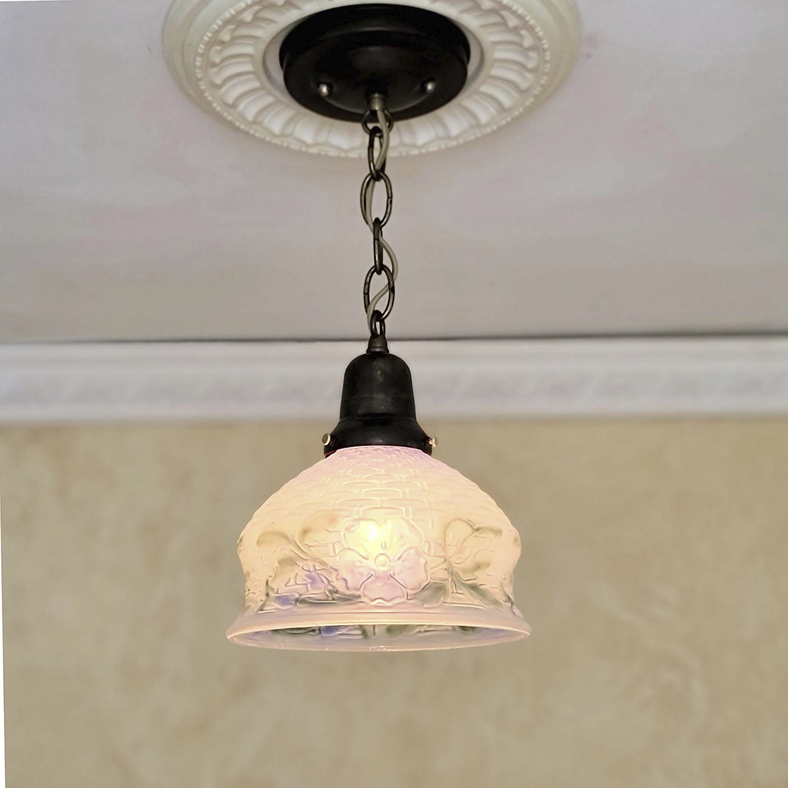 727c Antique 1910’s 30’s Ceiling Light glass shade lamp fixture vintage pendant