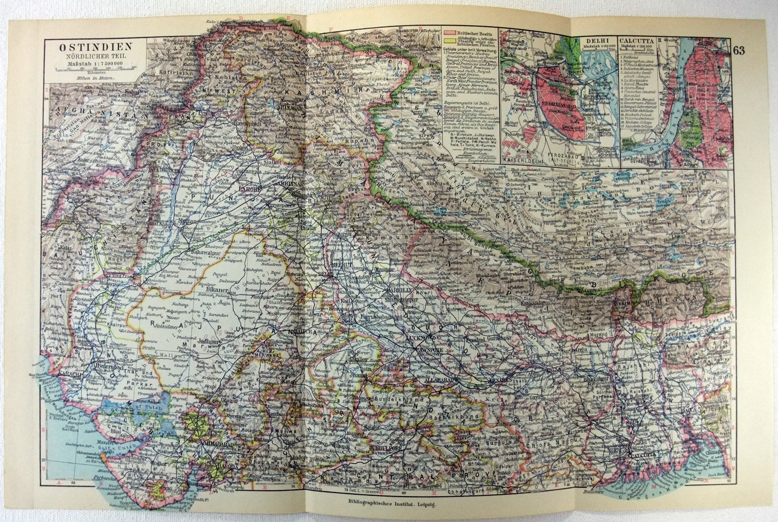 Northern India – Original 1928 German Language Map by Meyers. Vintage