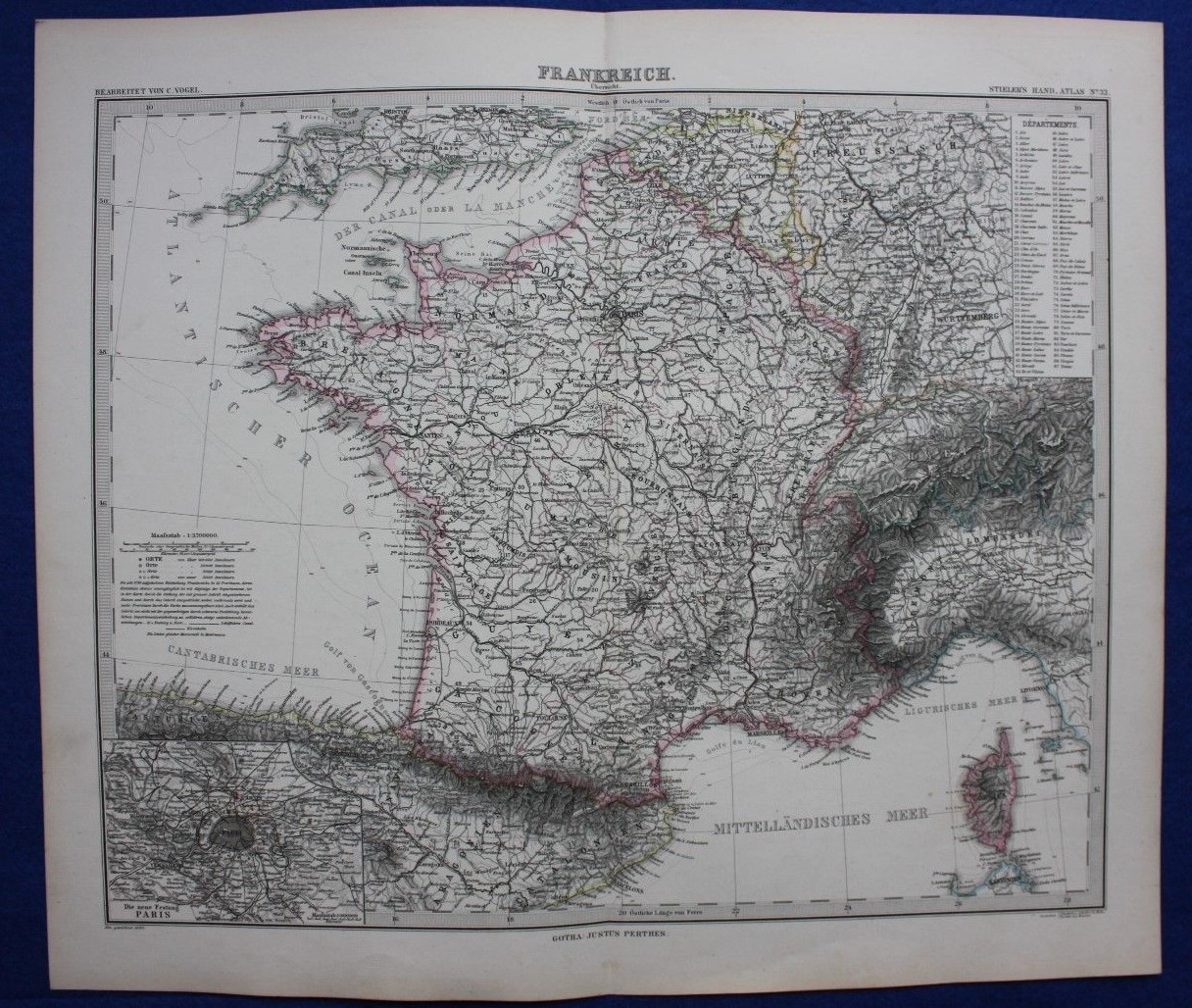 FRANCE, PARIS, CORSICA, original antique map, Stieler 1880