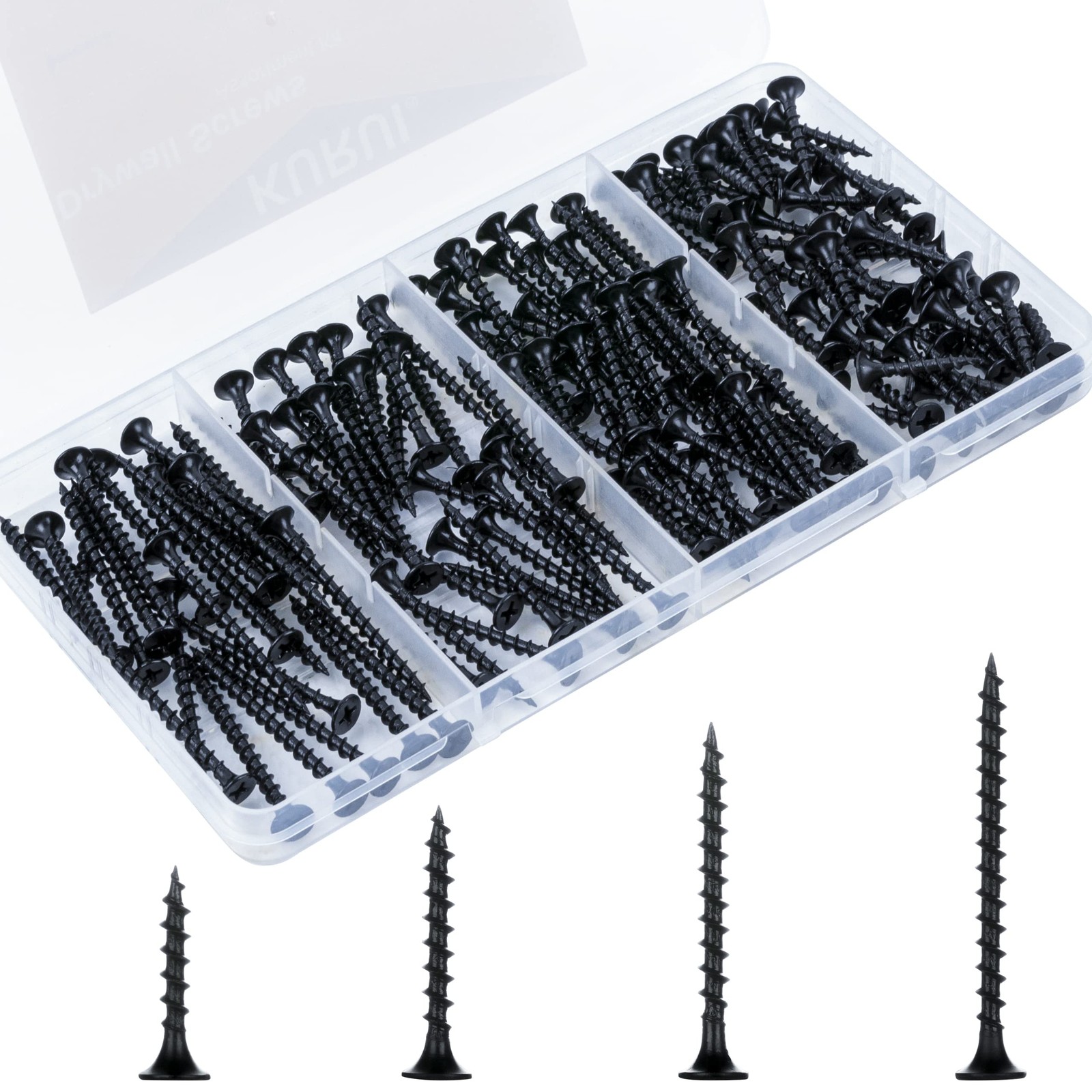 KURUI Drywall Screws Assortment Kit (#6 * 1″, 1-1/4″, 1-5/8″, 2″), Black
