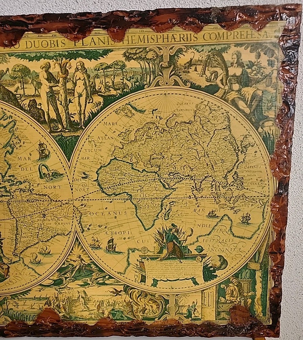 Old World Map Wall Art Double Hemisphere Wood Mounted Burnt Edges & Chain Vtg