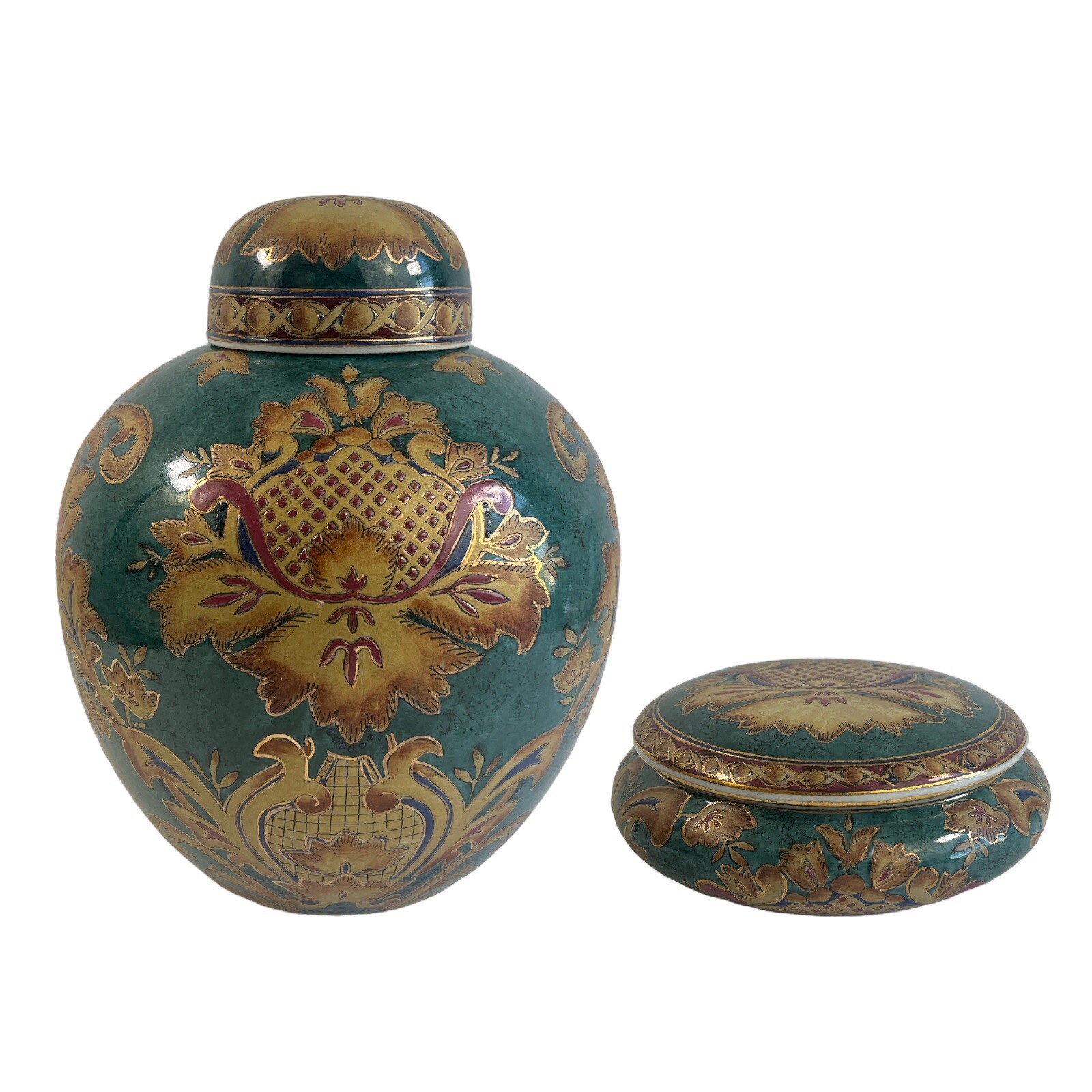 Collectible Chinese Cloisonné Porcelain Ginger Jar Vase & Bowl Set Hand Painted