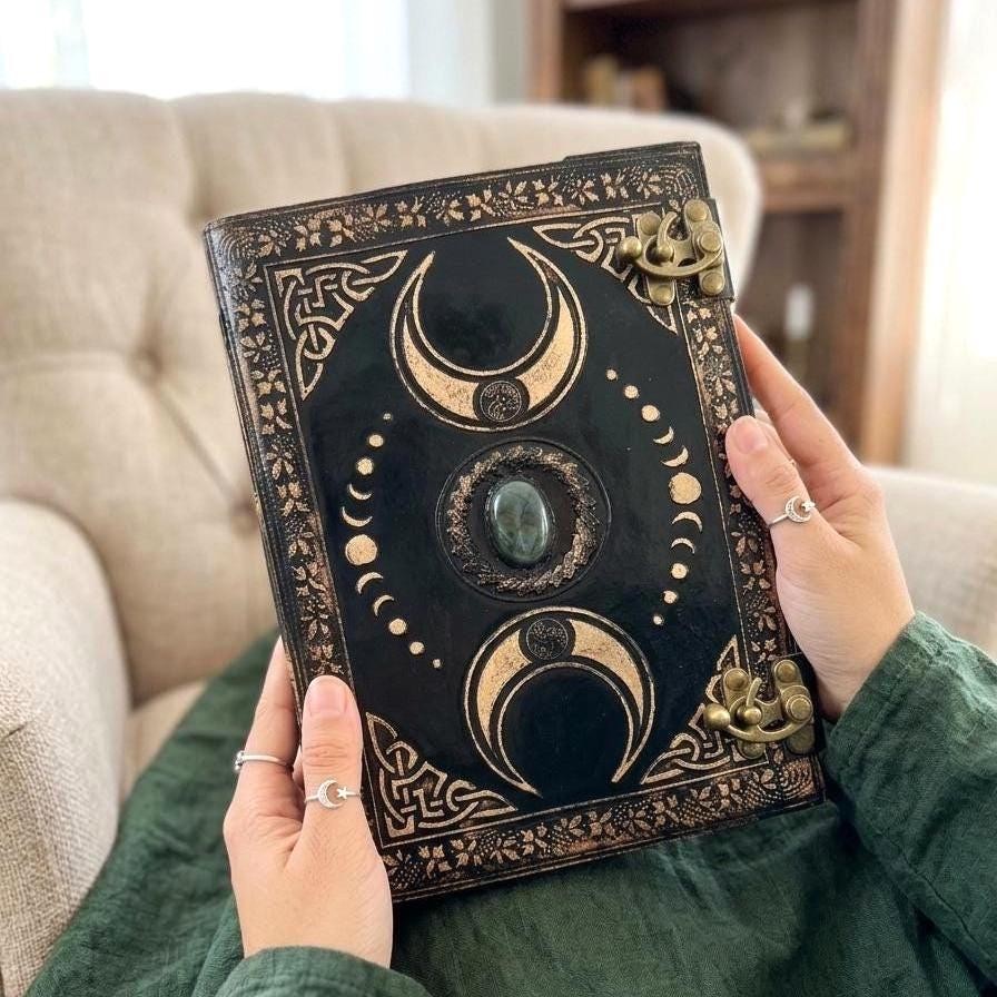 11″ Triple Moon Goddess Leather Journal |Personalised Grimoire 320 Vintage Pages