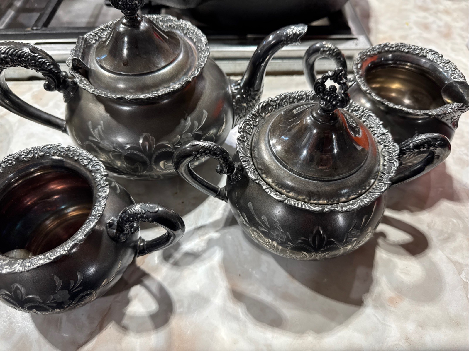 1898 Van Bergh Quadruple Plate Tea Set–pattern 468 4pc Victorian Etched Floral