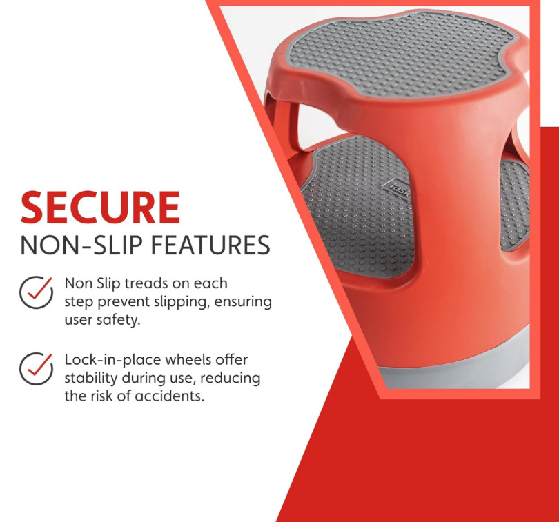 Cramer Scooter Stool 2-Step Rolling Step Stool 300 lb Red Plastic 16″