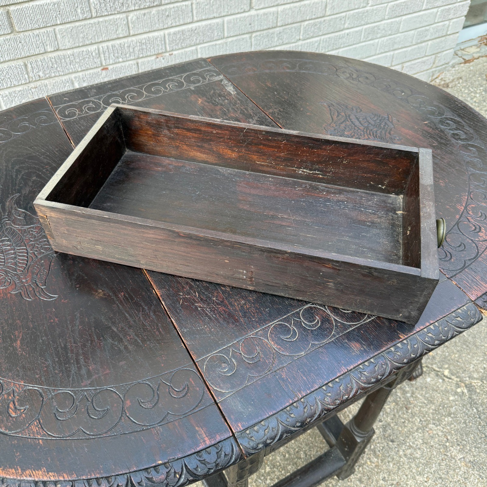 Antique Solid Hardwood Drop Leaf Table w/ Drawer, Carved Oak ,Tudor Style