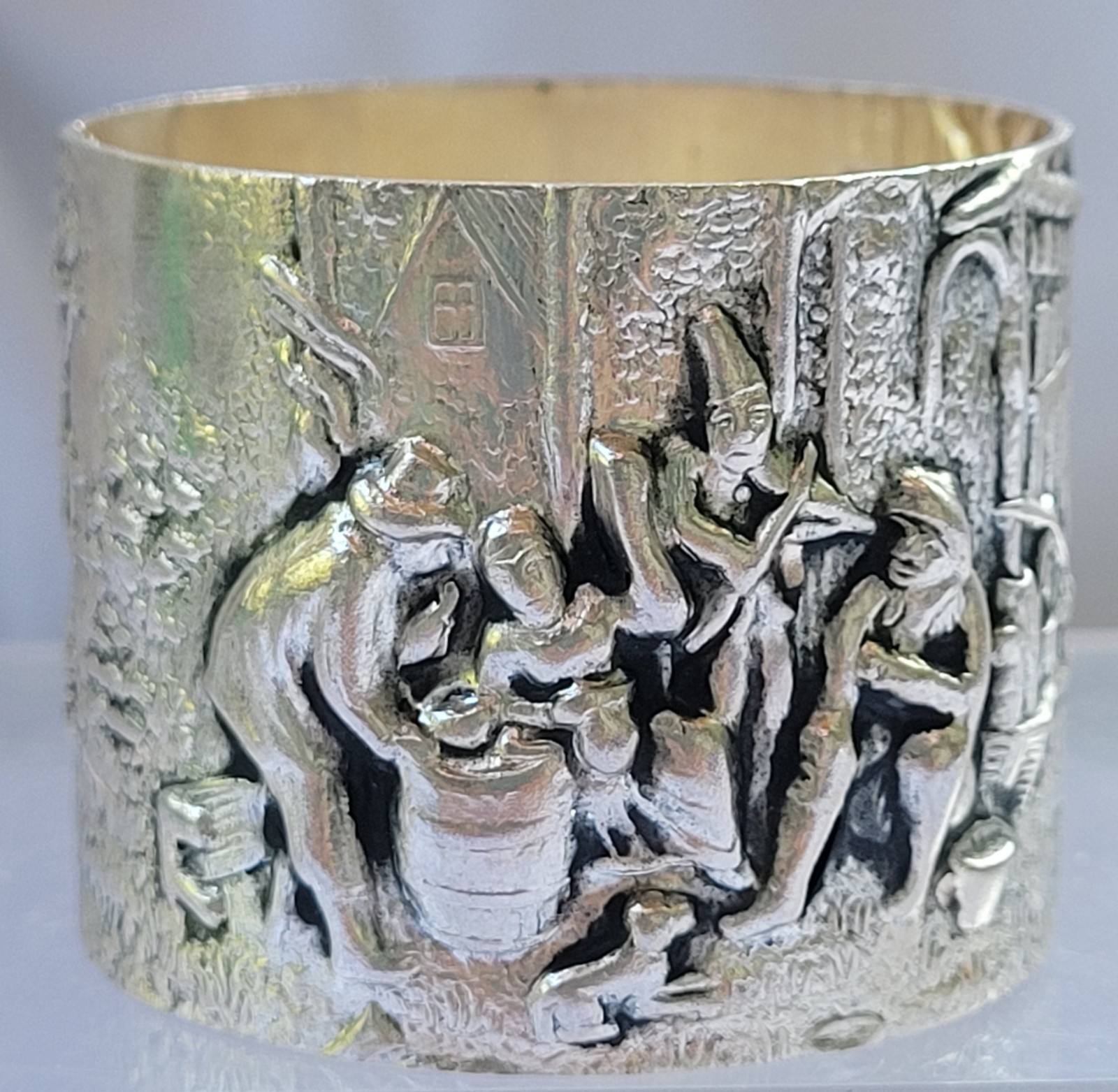 Napkin Ring Silver Repoussé Crackle Barrel Scene Rare HTF Replacement Denmark