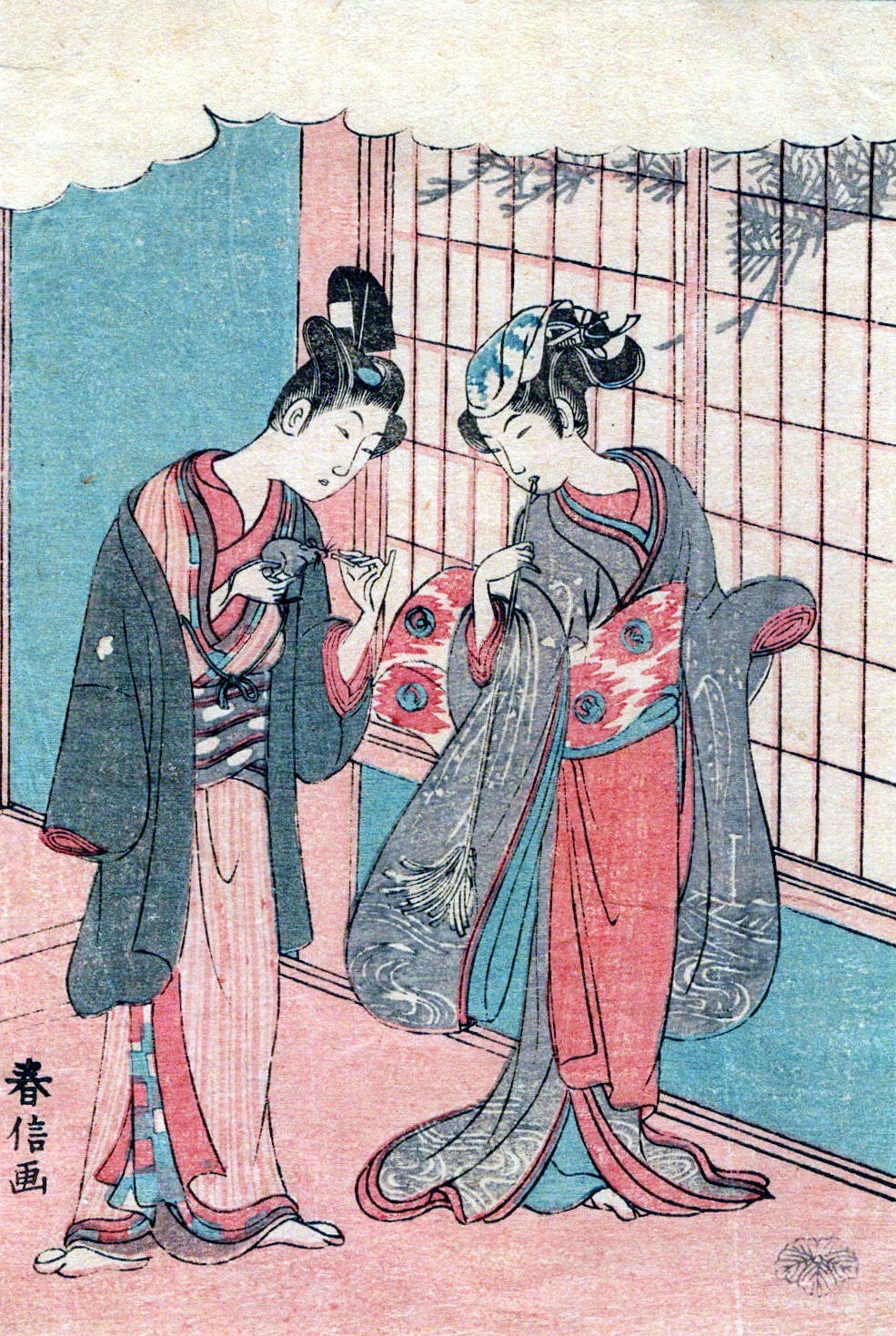 Ukiyoe Suzuki Harunobu Japanese Woodblock Small Print Women light paper