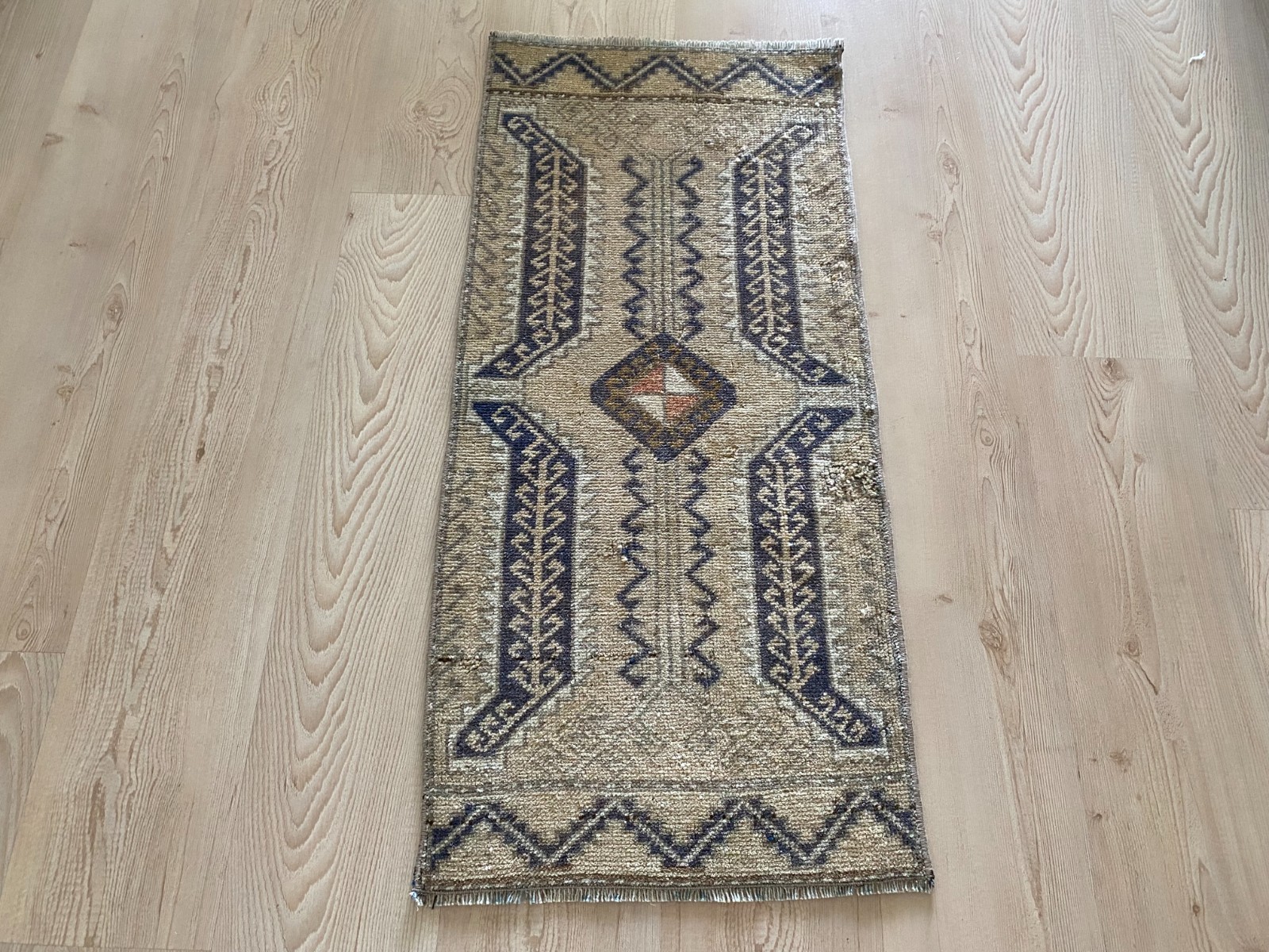 Neutral Vintage Small Rug 1.5×3.2 ft with Indigo Geometric Motifs Neutral Boho