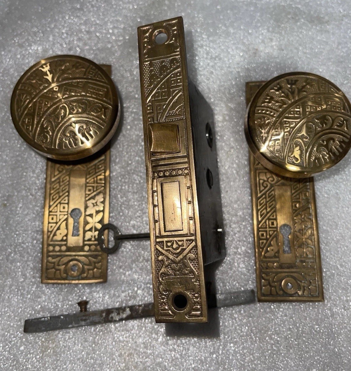 Antique Polished Mortise Lock, Knobs, Plates, by Corbin “Ceylon” c1895