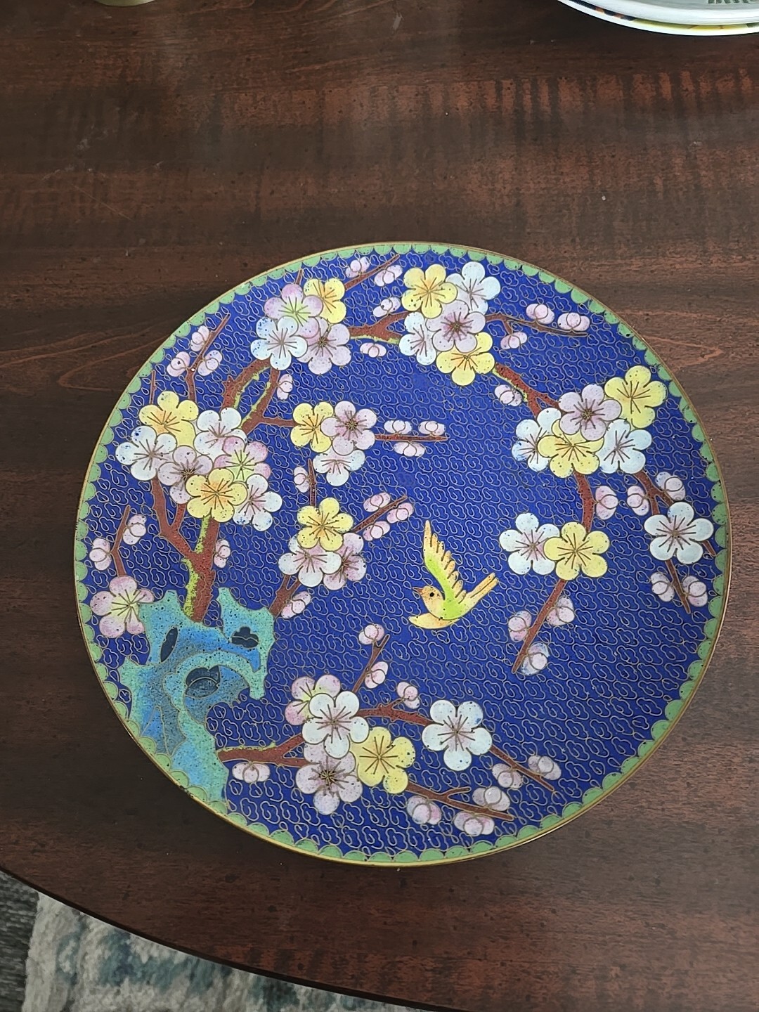 Japanese Antique Cloisonne Charger Plate Enamel on Metal 8.5 Inches