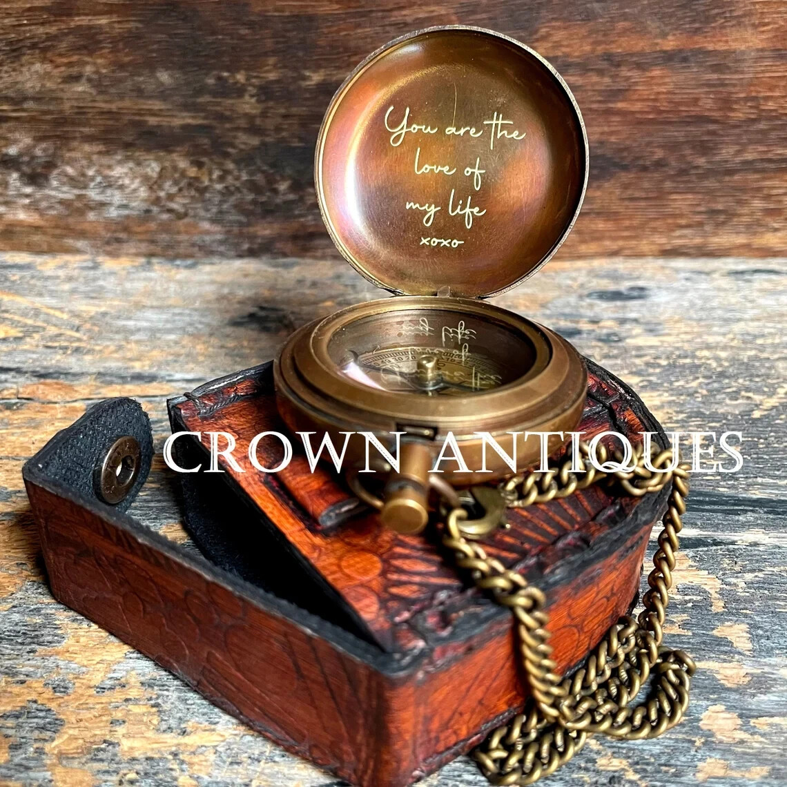 Antique Brass Engraved Stanley London Pocket Compass W/ Wooden Case Gift