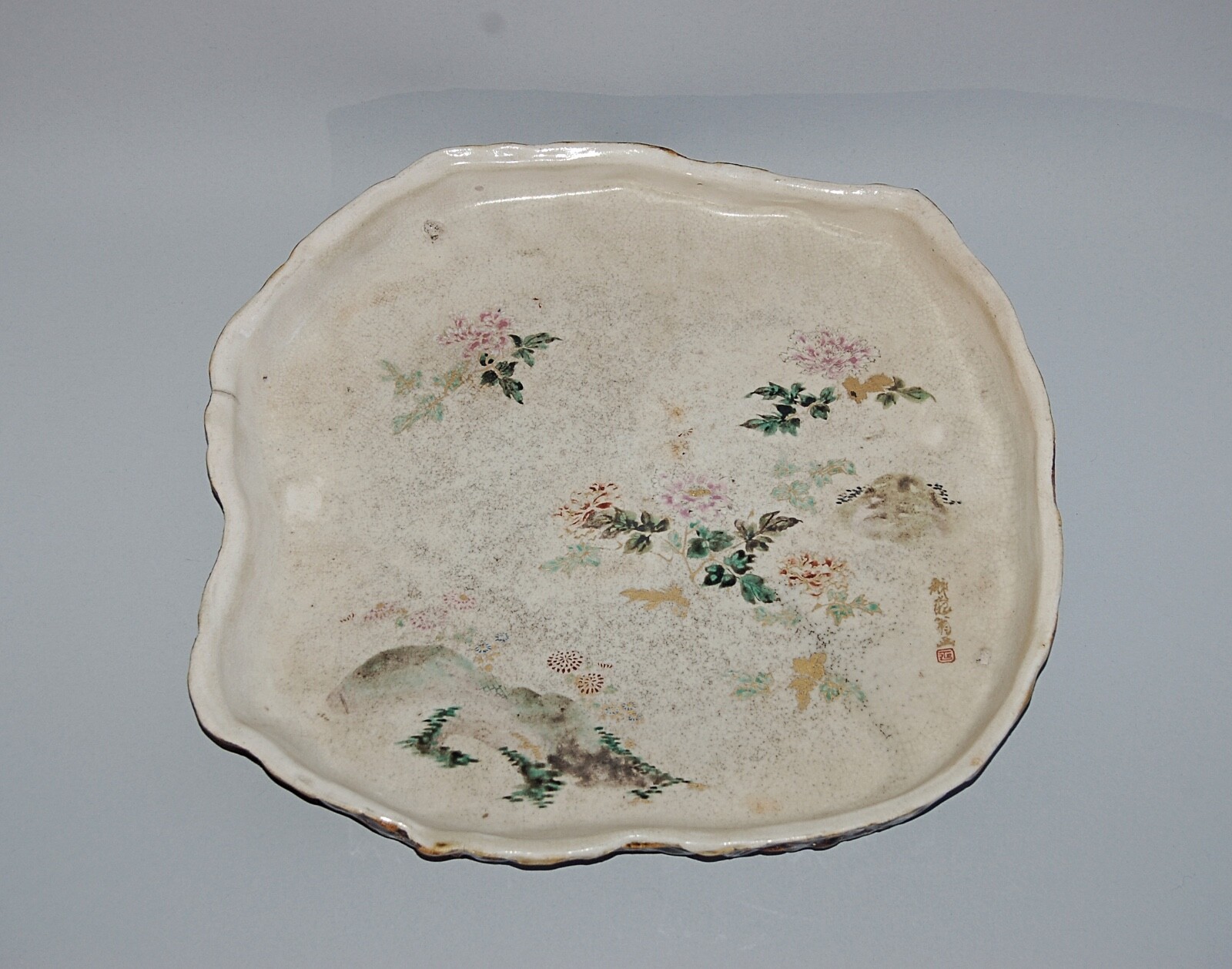 Ceramic tray imitating wood slab, peonies & rocks, antique Satsuma ware Japan