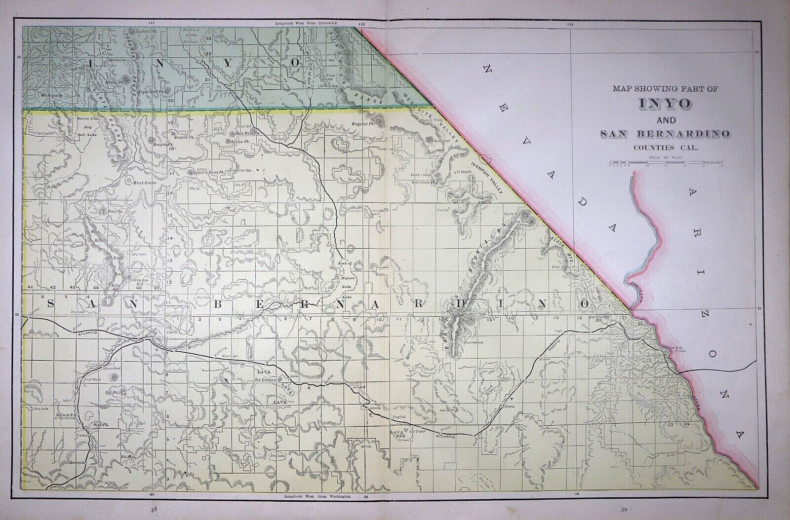 1892 Map ~ INYO – SAN BERNARDINO Counties, CALIFORNIA ~ (14×22)