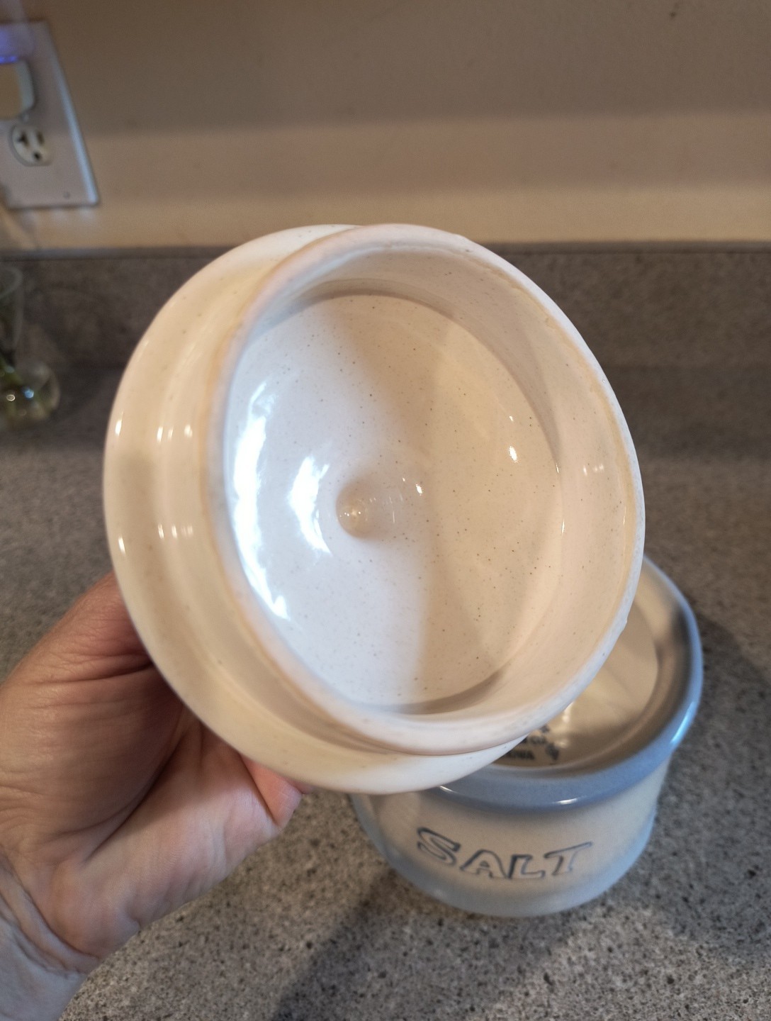 Western Stoneware Blue & White Salt Box W/Lid Crock Wall Hanging Pottery