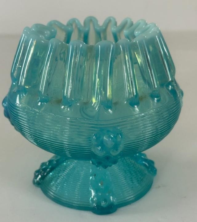 Antique Gorgeous 1897 Northwood Rose Bowl Klondike Buttons aqua blue opalescent