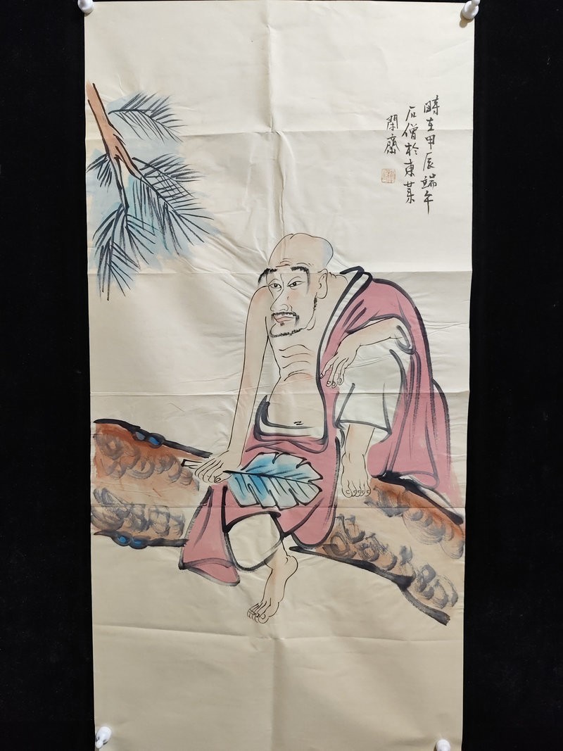 39in Chinese Old Hand Painting Red Arhat Rice Paper with bag 红衣罗汉 By Shi Seng 石僧