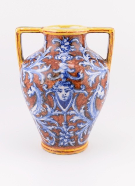 A. Minghetti 5″ Amphora Vase Jug Grotesque Majolica Italy Bologna 19th Century