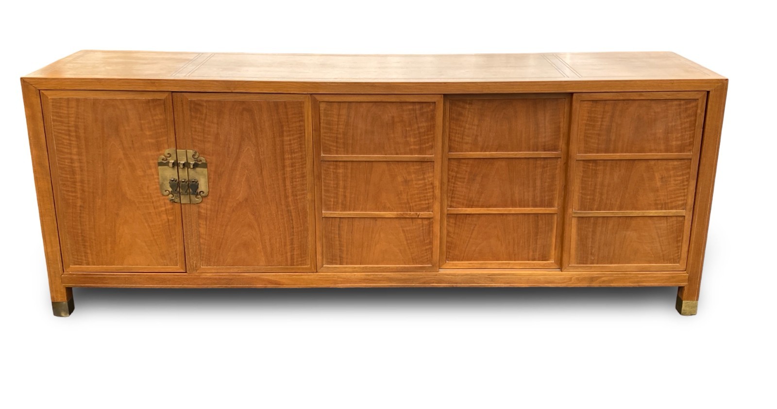 Baker Mid Century Chinoiserie Figured Walnut Brass Mounted Credenza Sideboard