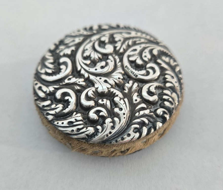 Antique VICTORIAN Sterling Silver Repousse Pin Cushion Beautiful Scroll Work