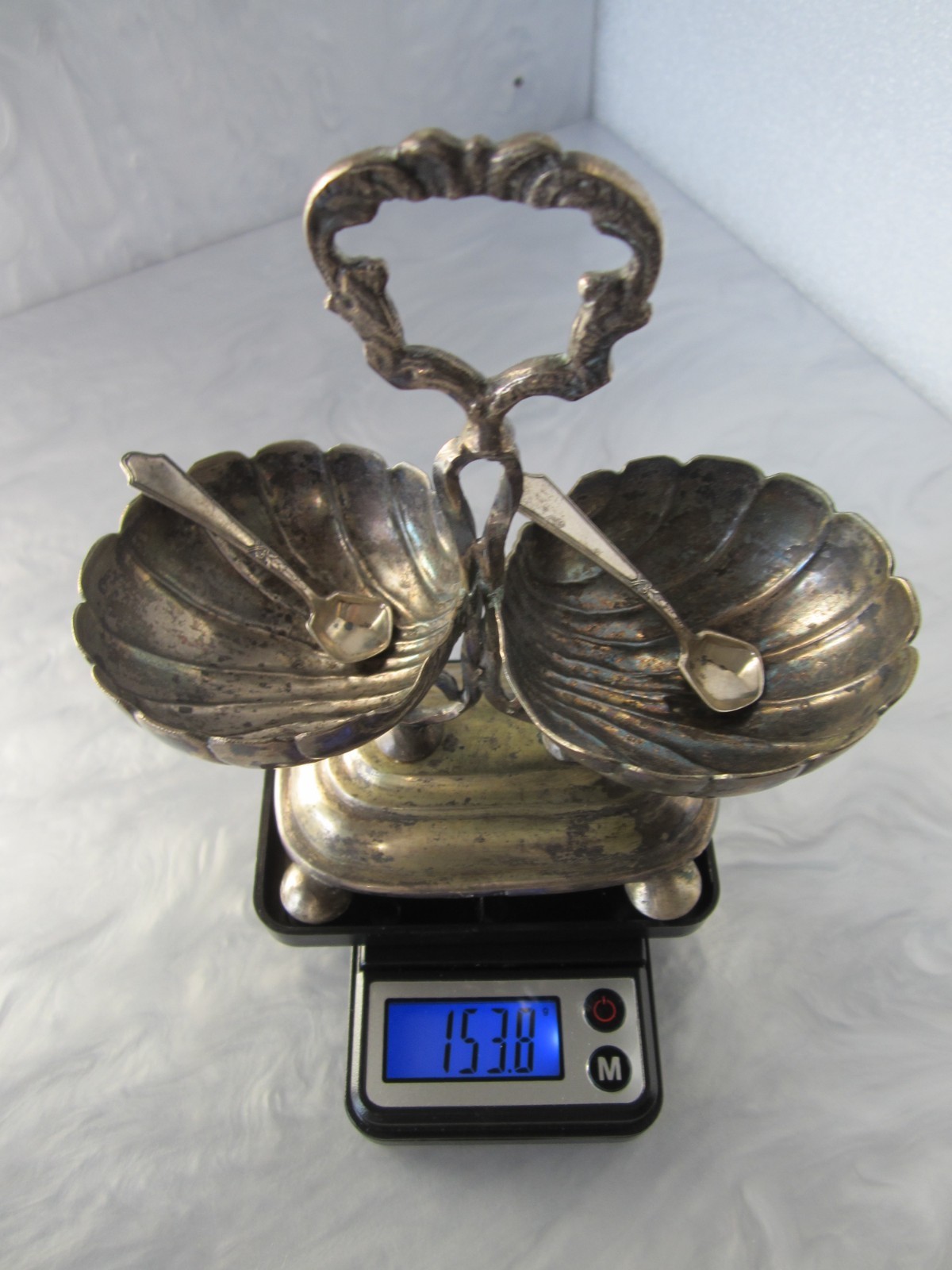 ANTIQUE 1800s SOLID 835 SILVER SHELL-FORM DOUBLE DISH OPEN SALT CELLAR 153g