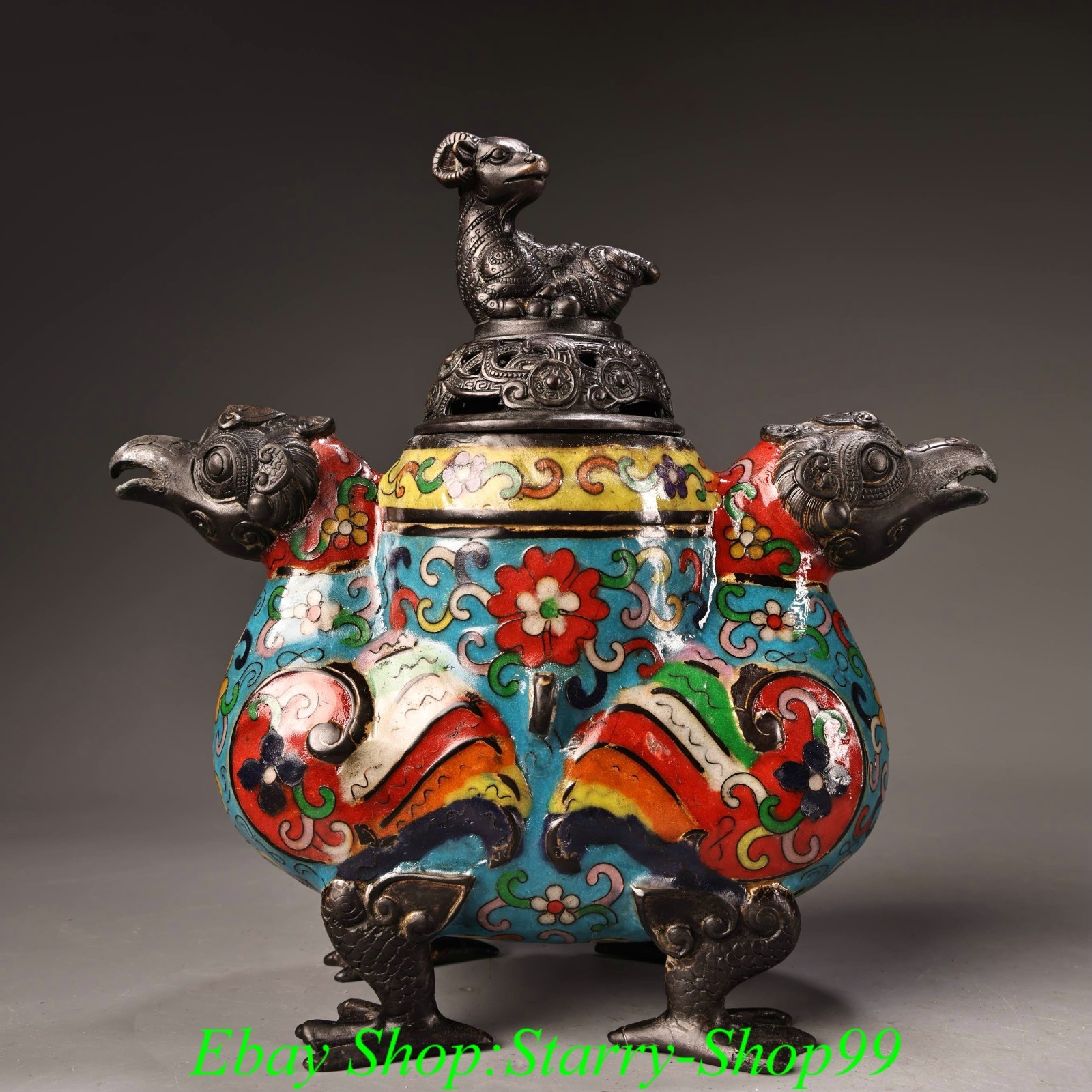 Old China Dynasty Cloisonne Enamel Sheep Twin Phoenix Bird Incense Burner Censer