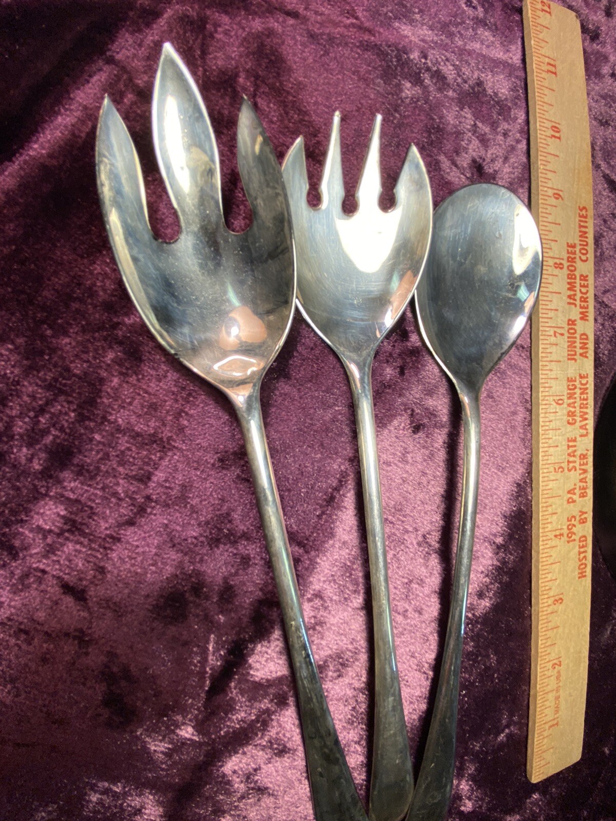 Set Of 3 Silver Plate Long Handled 10” Italy Saladspoonsforks F34