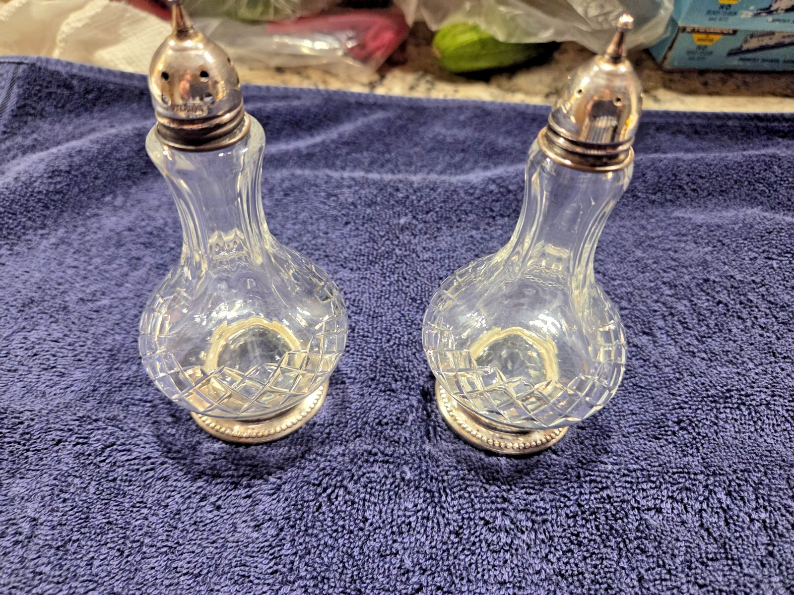 Vintage Cut Crystal Salt & Pepper Shakers Sterling Silver Top & Base Estate Find