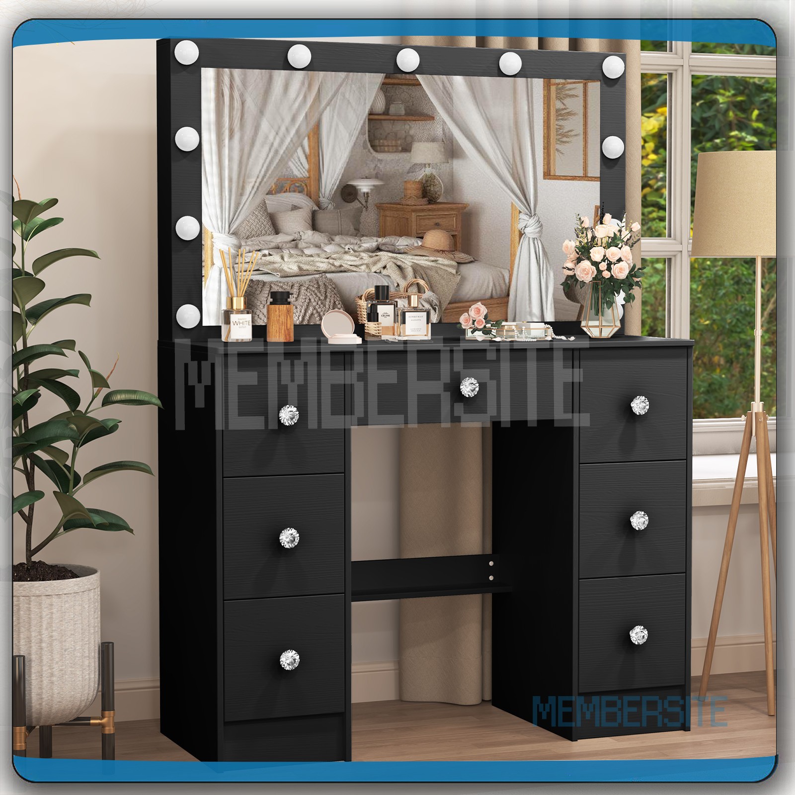 Black Vanity Table with Large Mirror ,7 Drawers &Crystal Pull Makeup Vanity Set