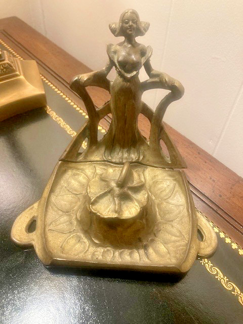 Antique Art Deco Nouveau Nude Woman Nymph Cast Brass Pen Holder Stand Beautiful