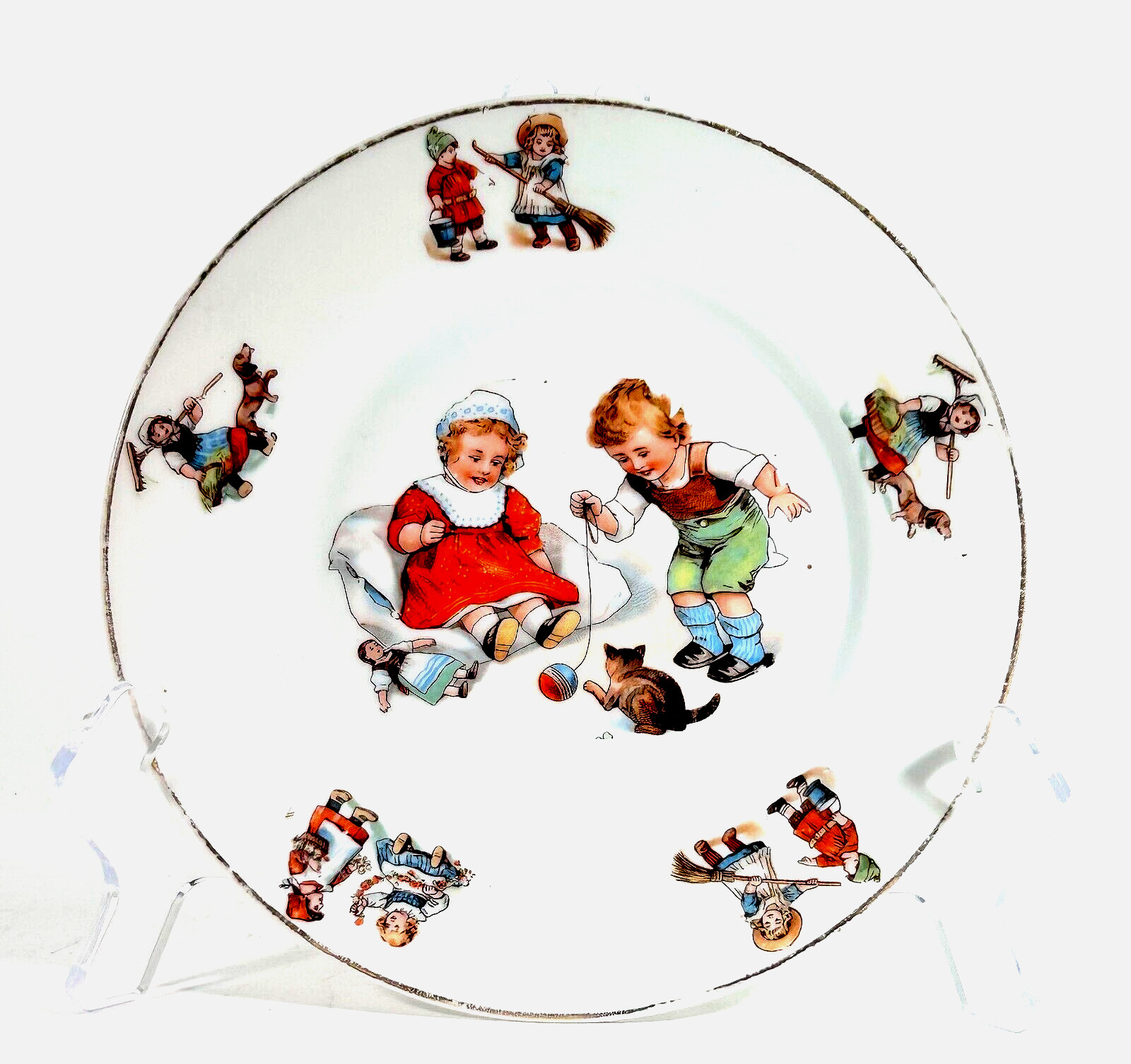 Antique Lunch Plate Children Playmates Playing Kitten Dog Germany 6.5″ C103