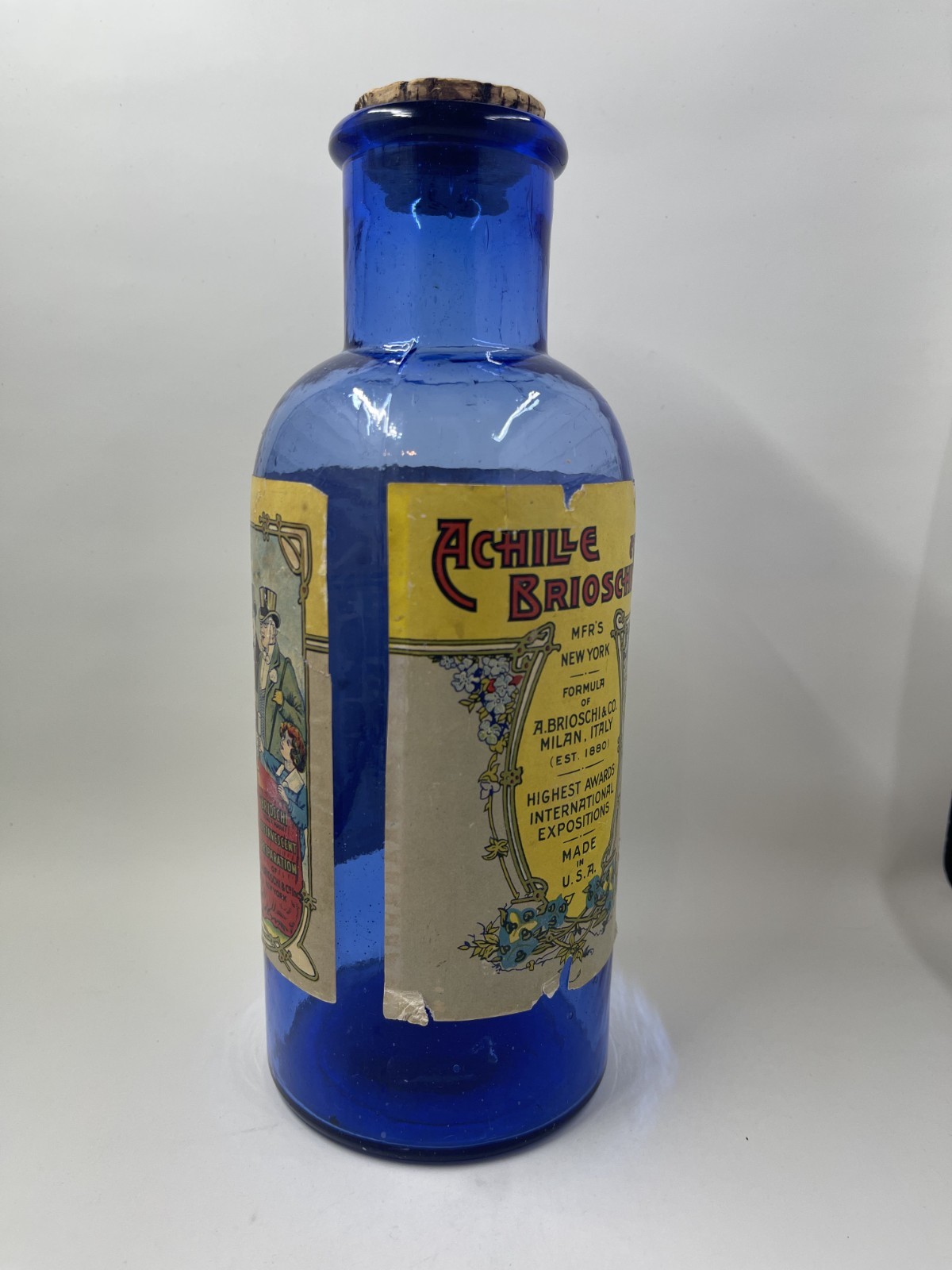 BRIOSCHI Antique Pharmacy Medicine Bottle Original Paper Label & Cork