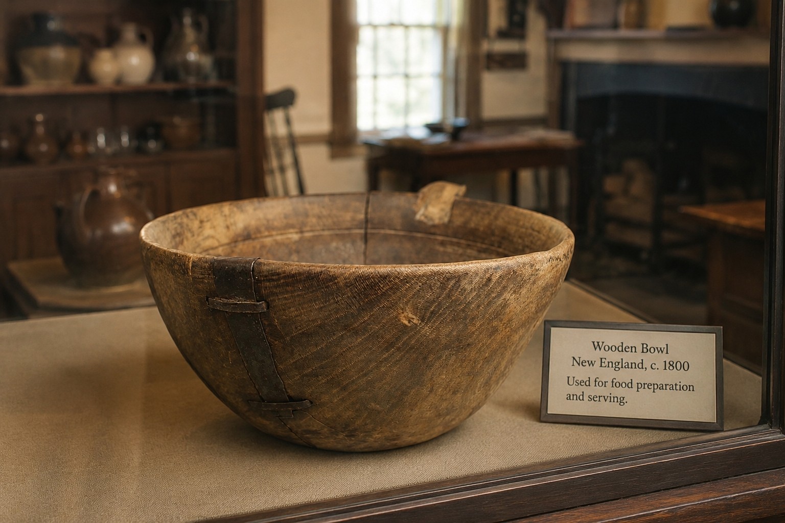 Forged Iron Make-Do Repair Early American Treen Primitive Hand Carved Wood Bowl