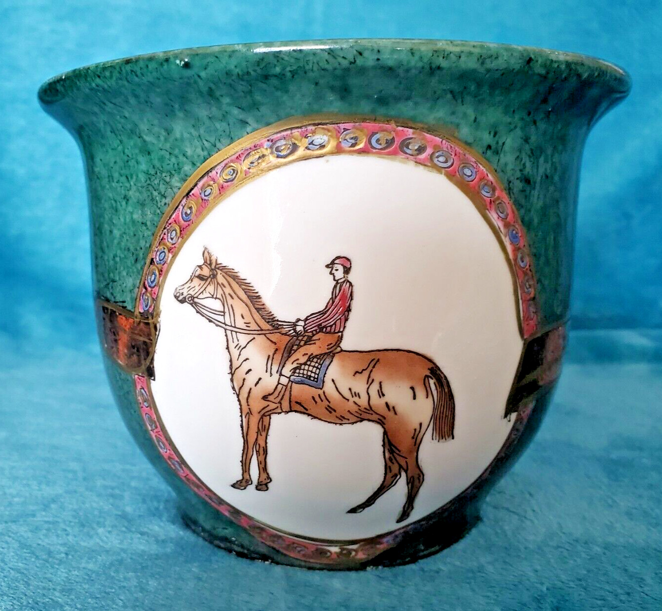 WBI Flower/Plant Pot Horse Jockey Equestrian Hunter Green Hand Painted 4.5″x5.5″